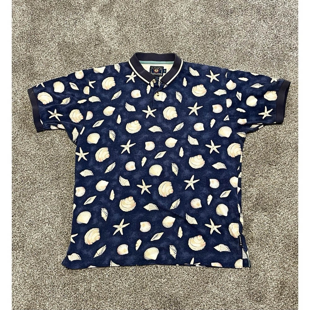 Vintage Chaps Ralph Lauren Mens Polo XL Island Beach Seashell AOP Navy Blue